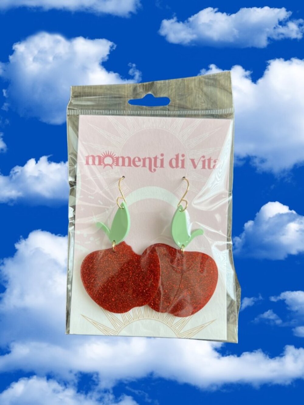 momenti di vita Red Glitter Apple Acrylic Earrings with Green Leaf Accent